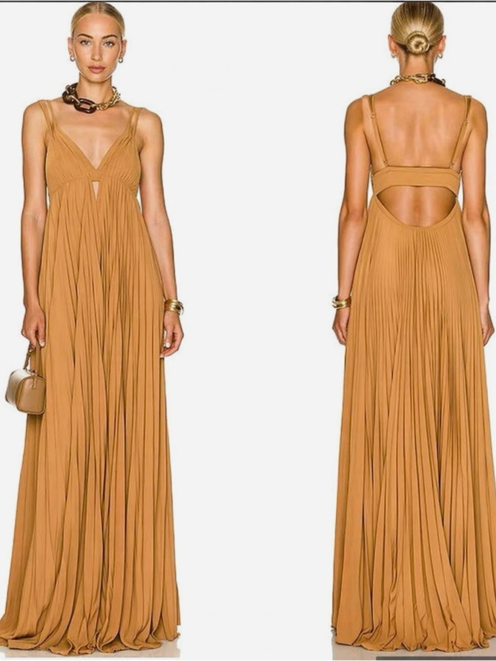 A.L.C. Arianna Bronze Pleated Maxi Dress NWT Spaghetti Strap V-Neck Gown Size 12